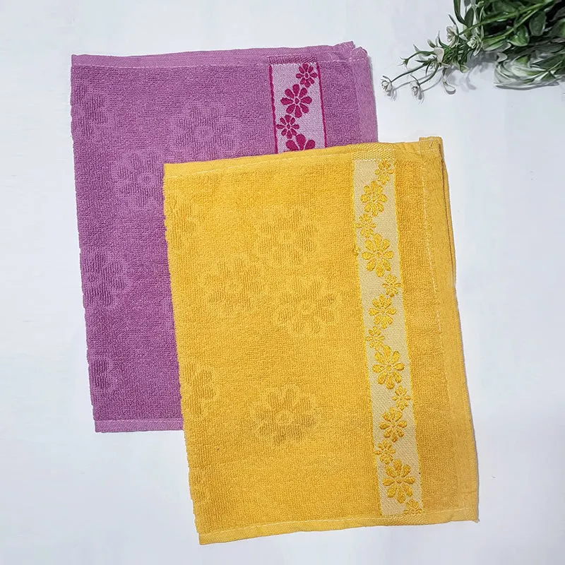 Wildflower Trim Cotton Hand Towel (Yellow & Purple) - Set Of Two media 1