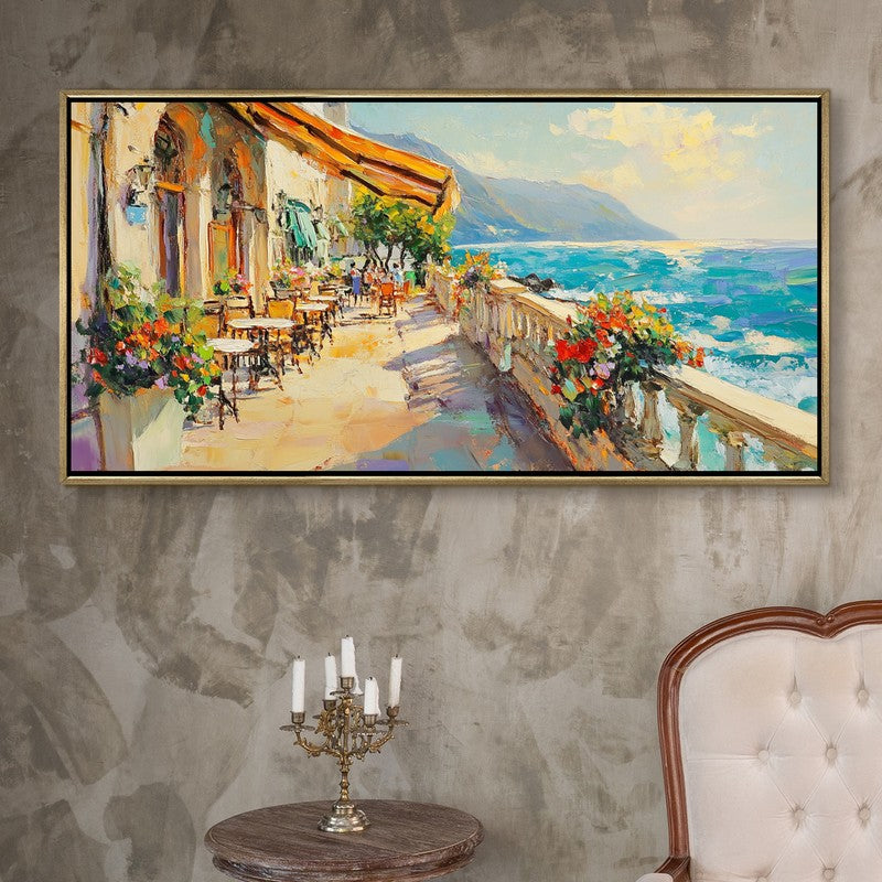 Cafe by Sea Canvas Wall Painting With Frame