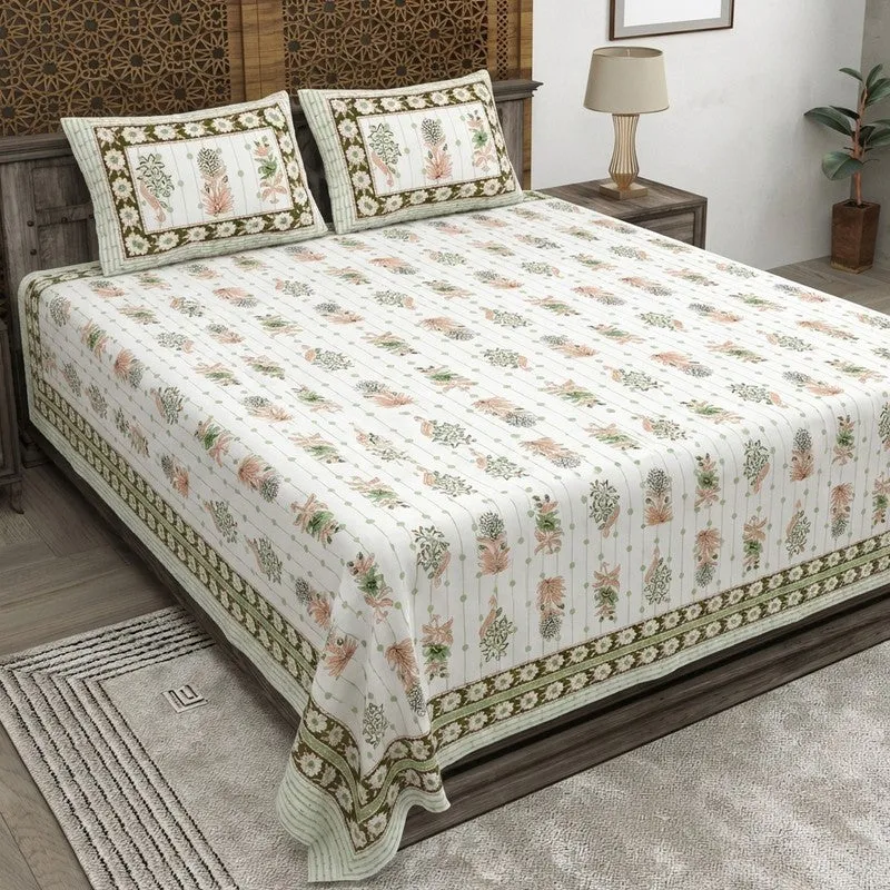 Heritagea Cotton Bedsheet (White,Olive Green) - 240 TC media 1