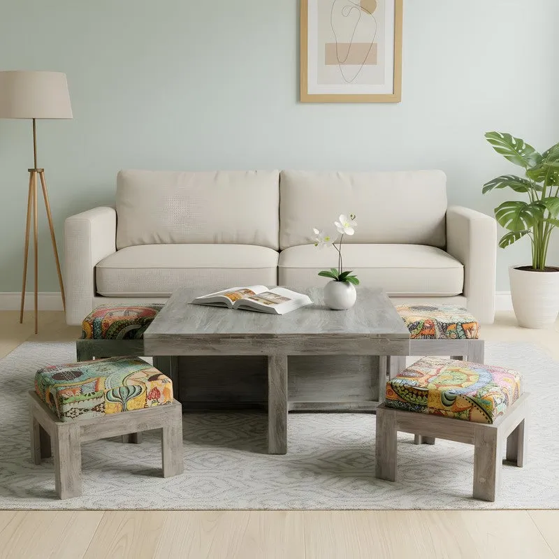Fervon Sheesham Wooden Center Table with Stools and Cushions (Multicolor) - Nine Piece Set media 3