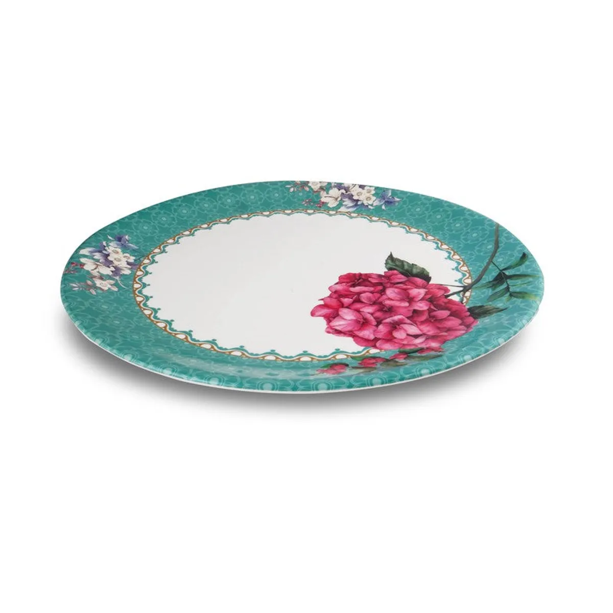 Single turquoise floral dinner plate shown at an angle