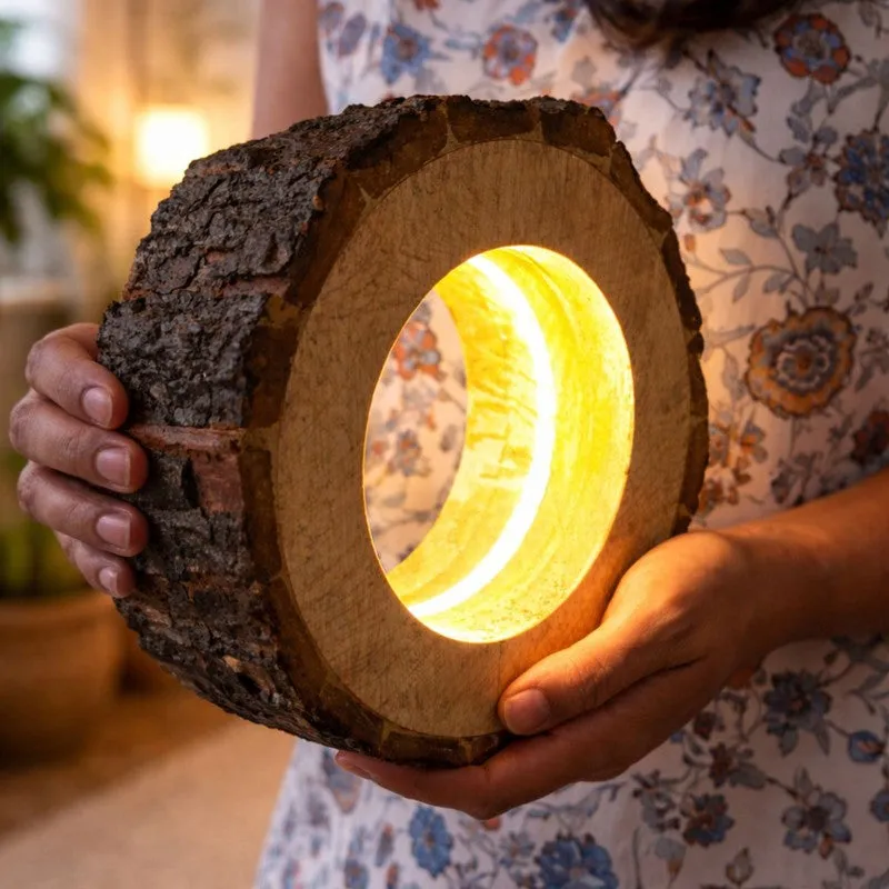 Side angle of thick wooden ring lamp with bark-textured exterior
