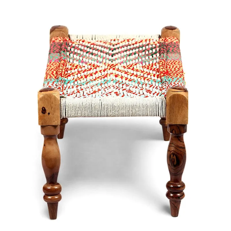 Top angled view of bench with geometric woven rope seat