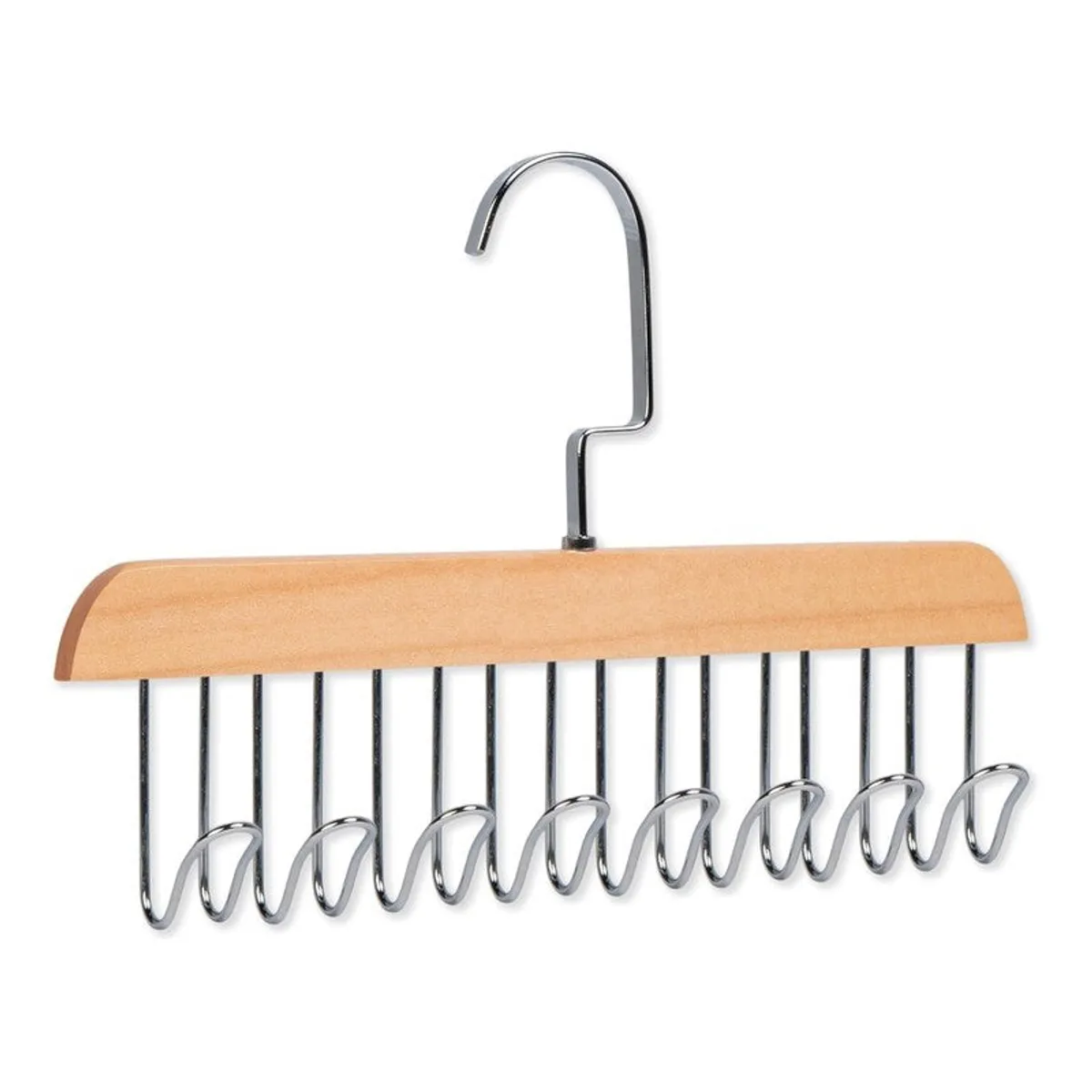 Single beige wooden hanger with multiple silver hooks on a plain background