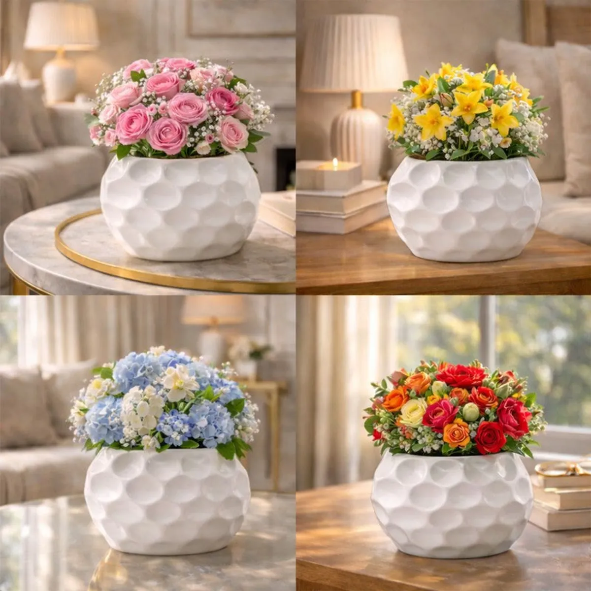 Collage of four white textured vases styled with different colourful flower arrangements.