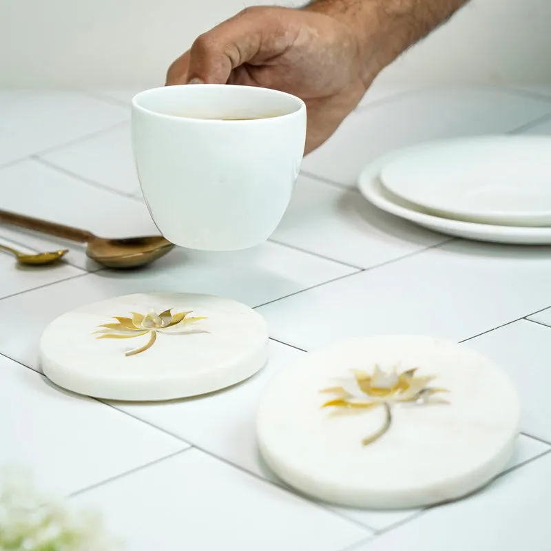 Lotus Marble Coaster With Mother Of Pearl Inlay (White) - Set Of Two media 6