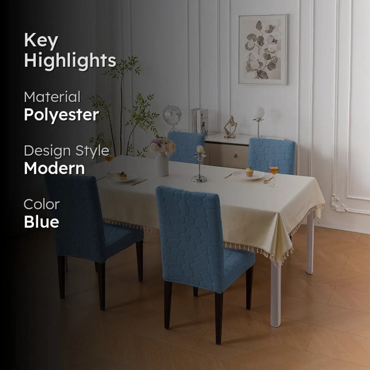 Dining room scene showing blue chair covers and a table