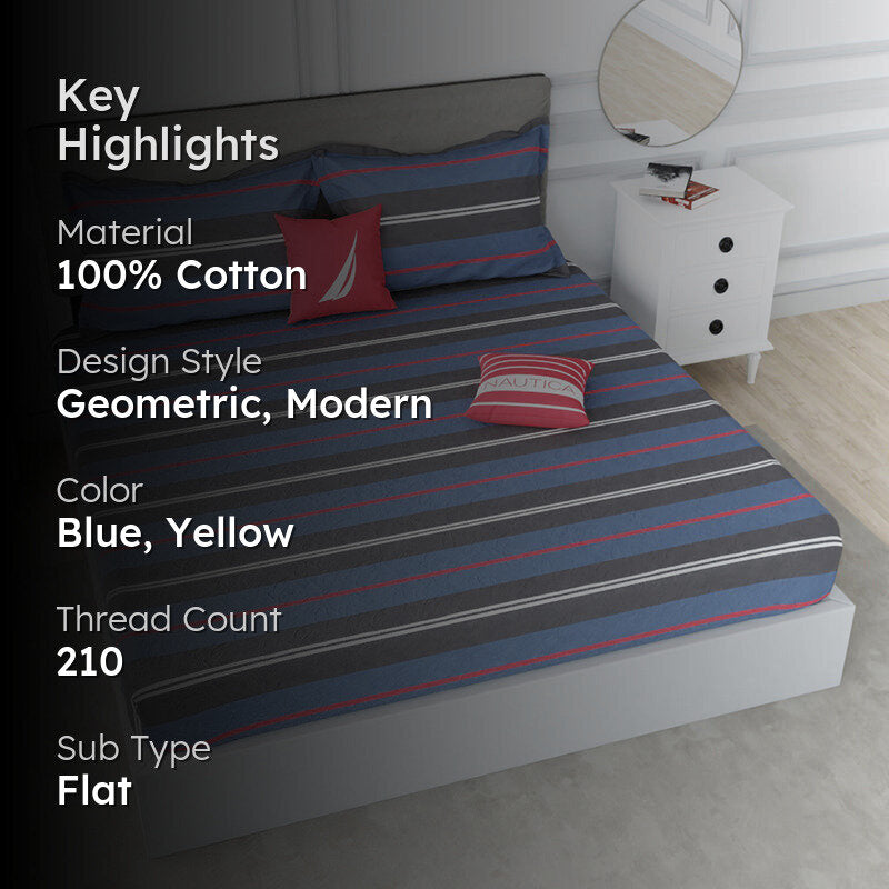 Nautica Stripe Symphony Cotton Bedsheet (Blue & Grey) - 210 TC media 2