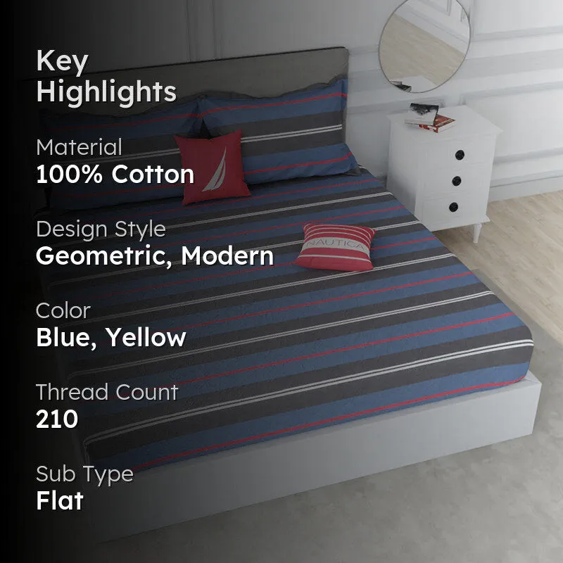 Nautica Stripe Symphony Cotton Bedsheet (Blue & Grey) - 210 TC media 2