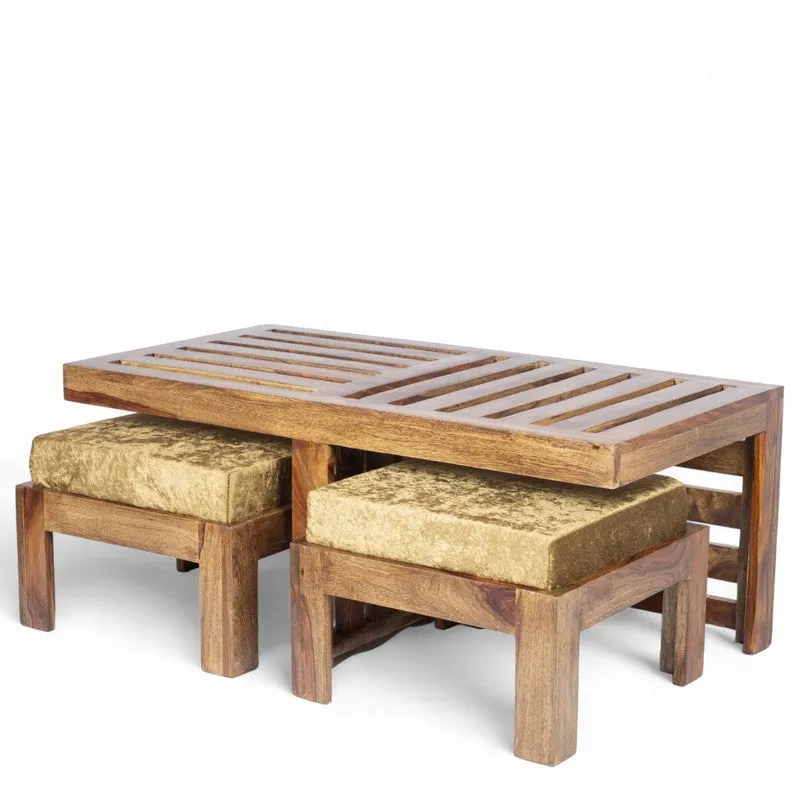Dravon Sheesham Wooden Center Table with Stools (Brown,Gold) - Five Piece Set media 6