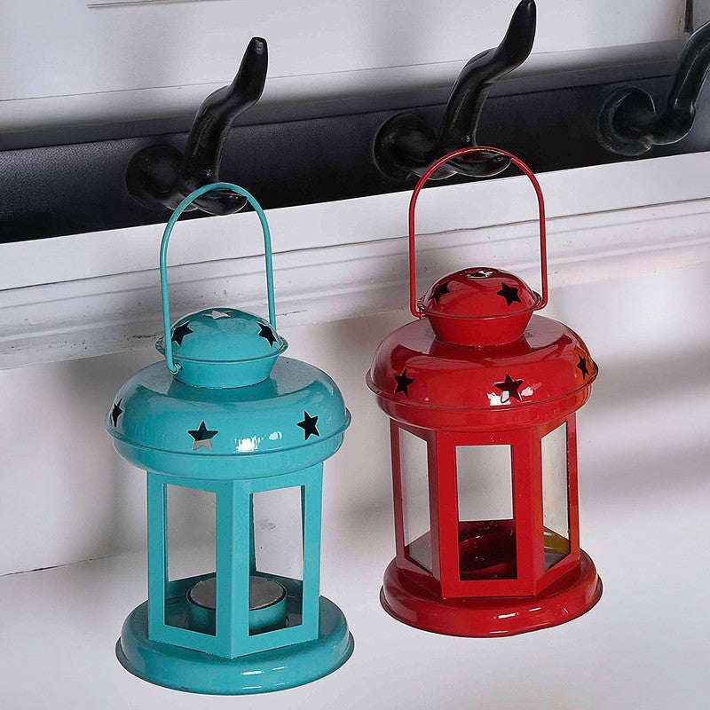 Vaira Lantern Tealight Candle Holder (Aqua Blue & Red) - Set Of Two media 5