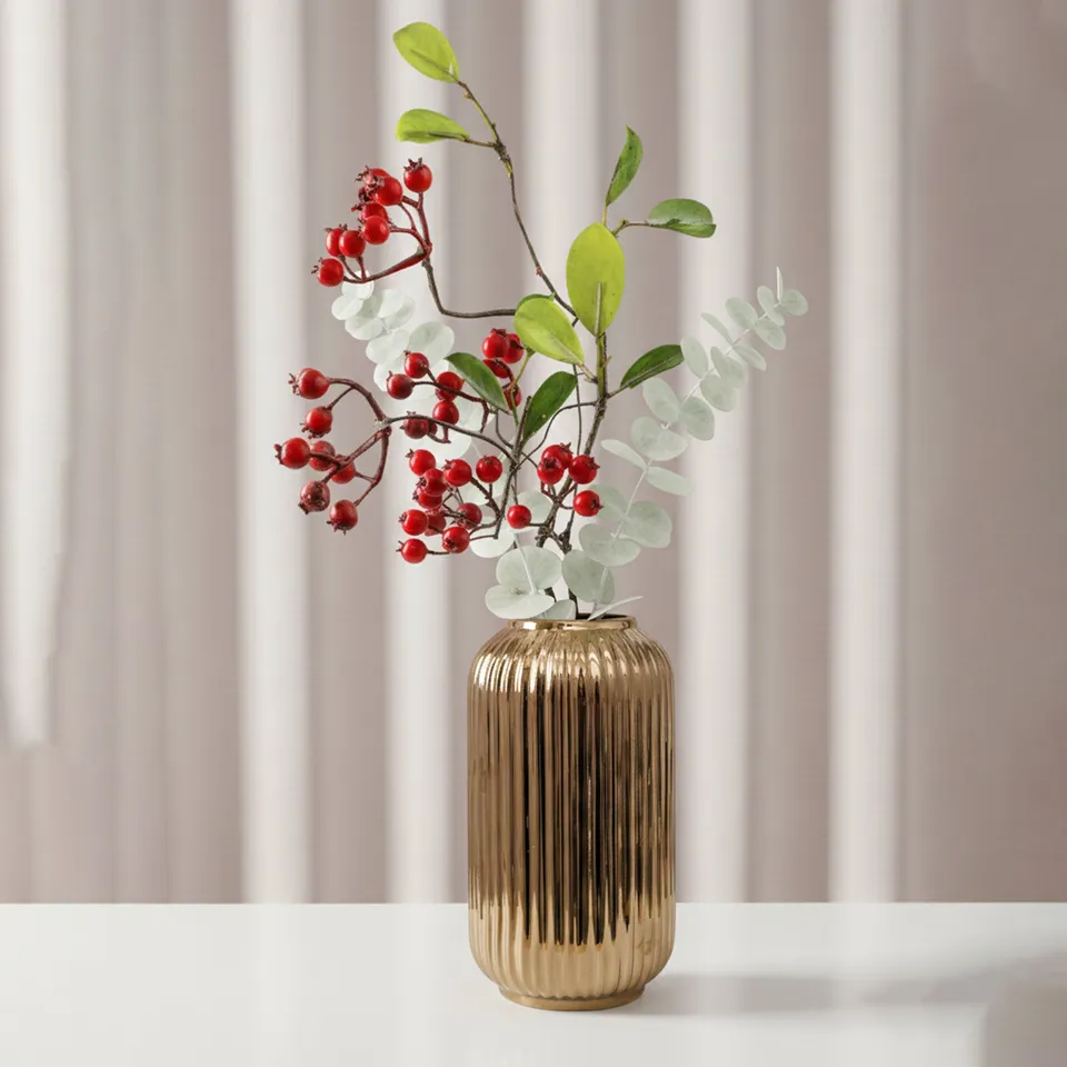 Opulent Ribbed Ceramic Vase - Gold media 1