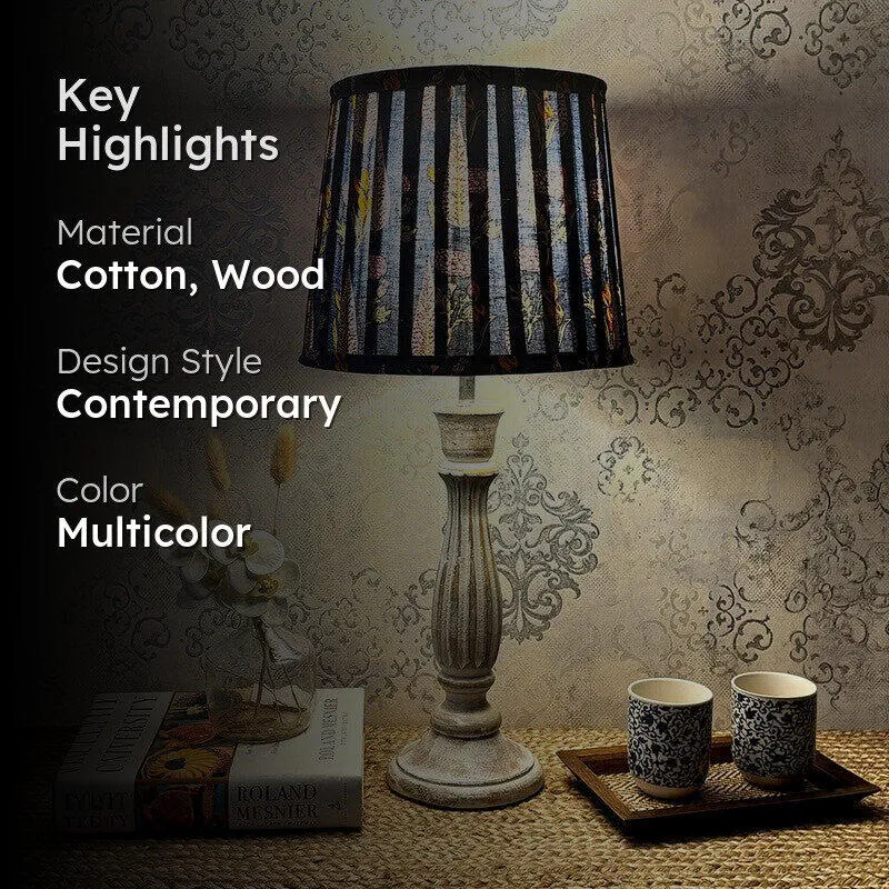 Sapphire Flora Wooden Base Cotton Table Lamp - Multicolor media 2