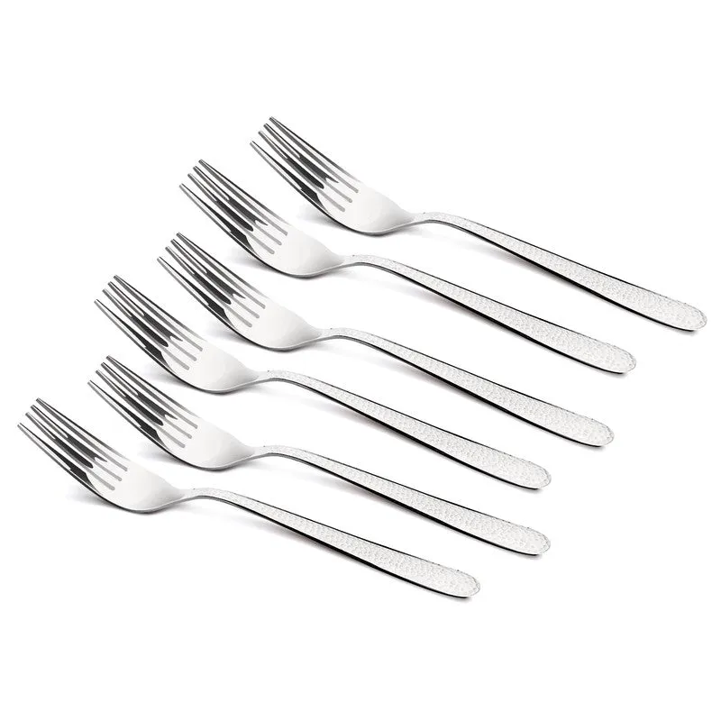 Six silver forks displayed diagonally against a white background