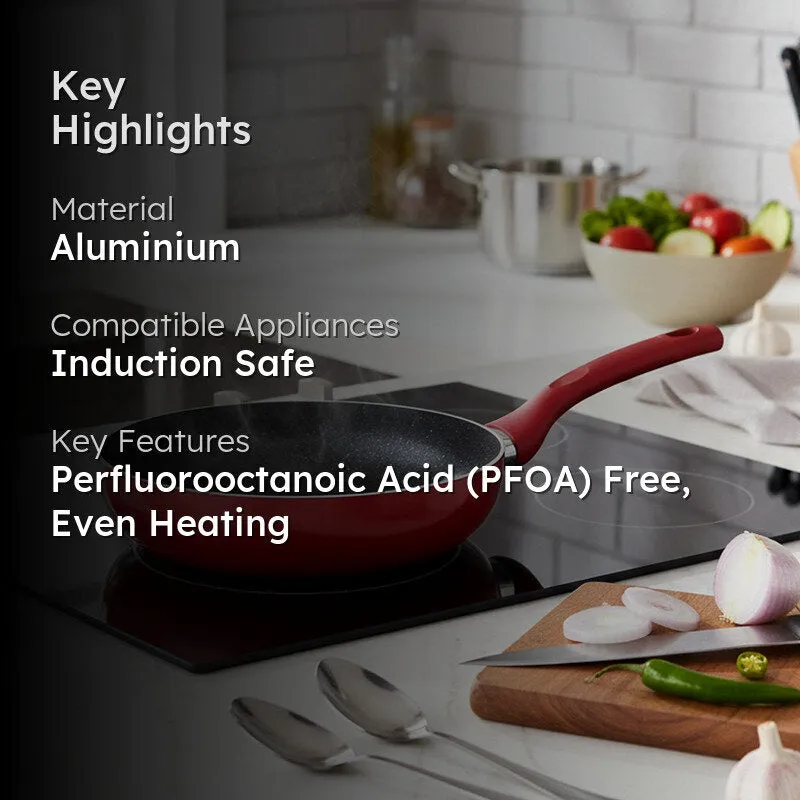 Red frypan shown on an induction cooktop in a kitchen setting