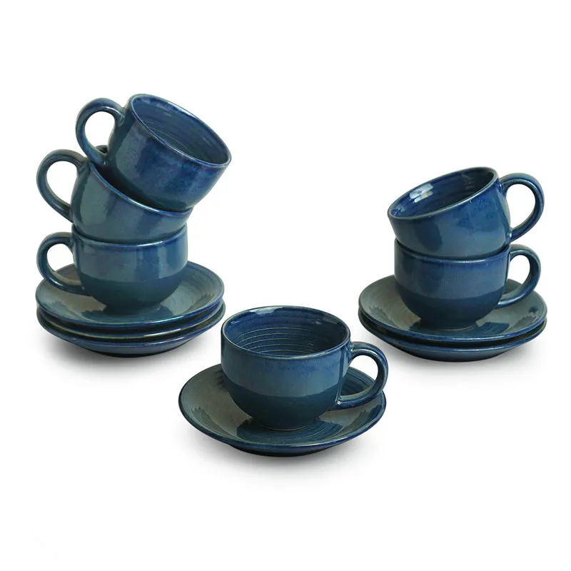 Sininen Handglazed Ceramic Tea Cup With Saucer (120 ML) - Twelve Piece Set media 3