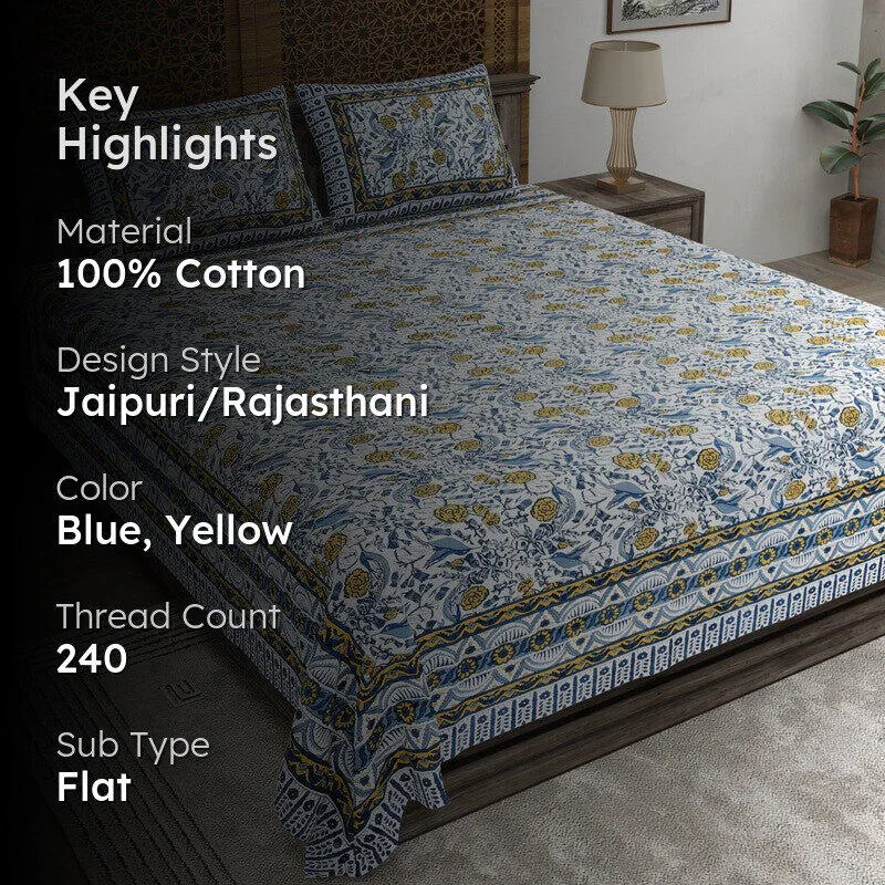 Formum Cotton Bedsheet (Blue,Yellow) - 240 TC media 2