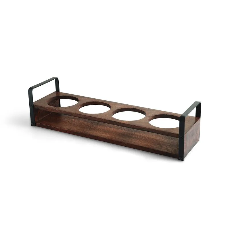 Empty dark holder with four circular jar slots and black side handles.