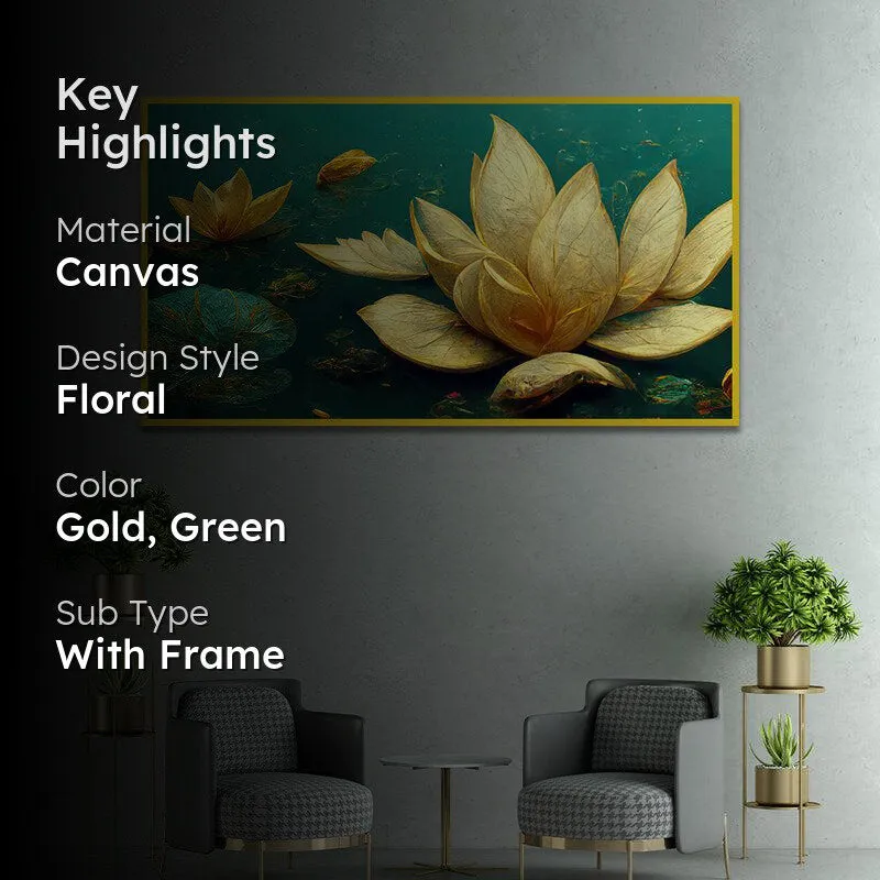Gilded Ivory Lotus Floral Canvas Wall Painting With Frame - Gold media 2