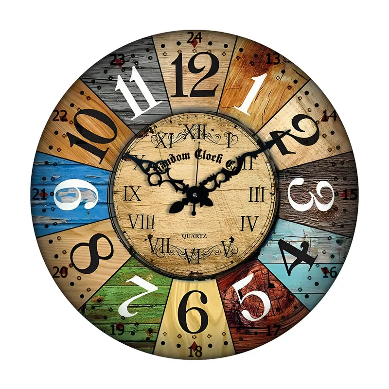 Front view of a round multicolour wall clock with bold mixed numerals