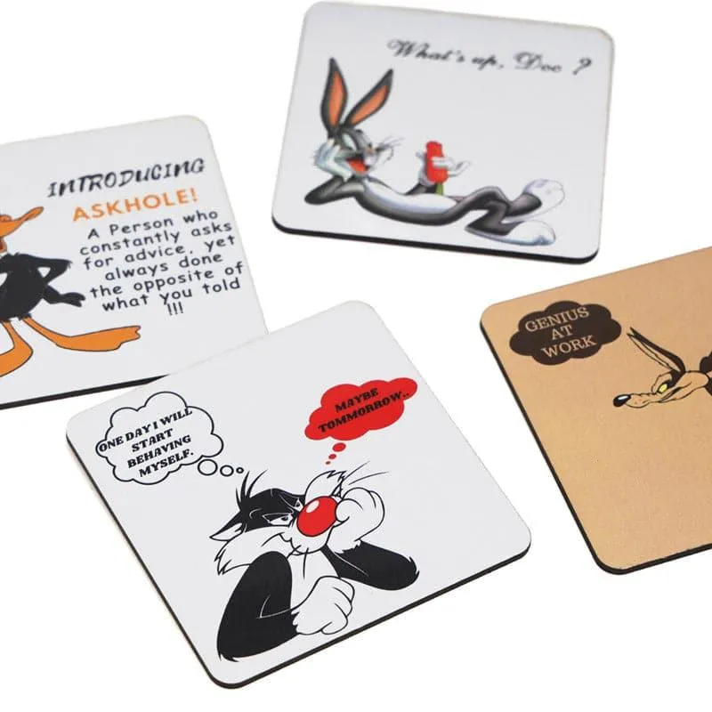 Four square cartoon-themed coasters in mixed designs on a white background