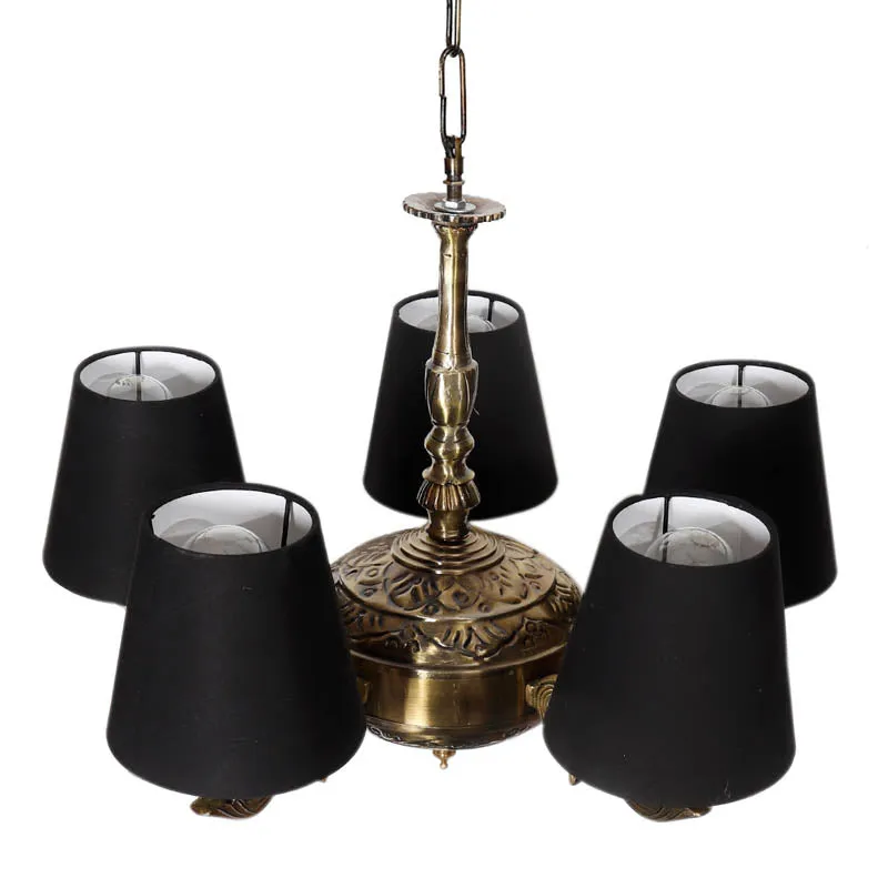 Top view of the golden antique ceiling lamp with five black shades