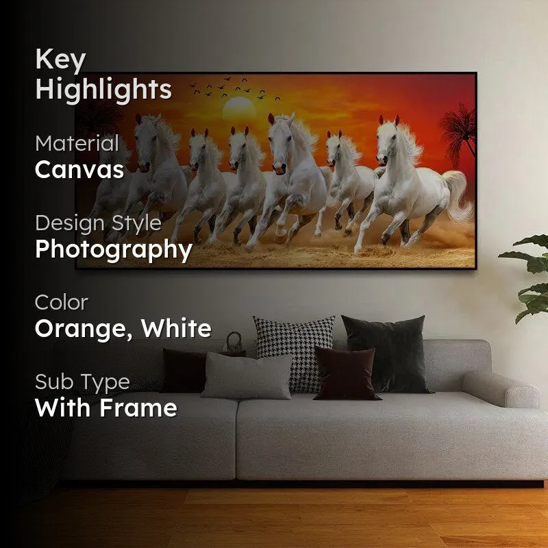 Framed horse canvas wall art with orange sunset tones displayed in a living room setting
