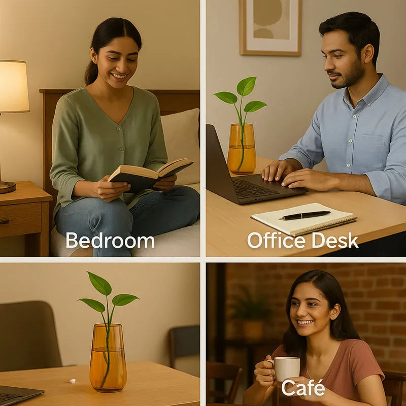 Lifestyle collage showing the vase in bedroom, desk and cafe-style settings