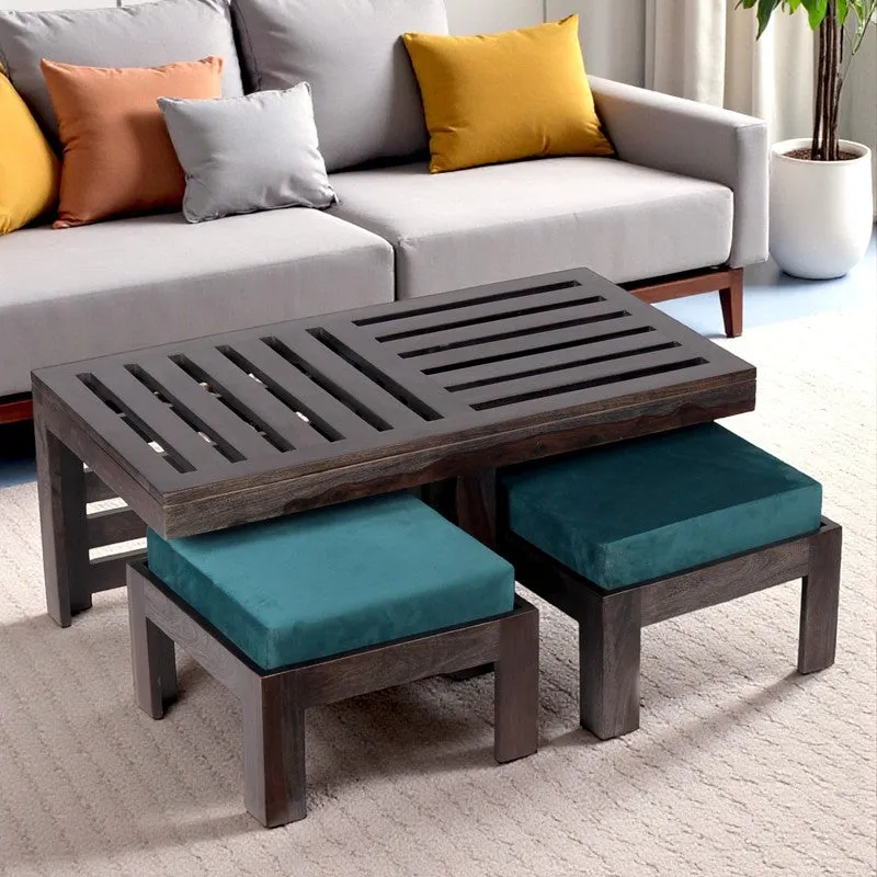 Zavro Sheesham Wooden Center Table with Stools (Deep Brown,Blue) - Five Piece Set media 1