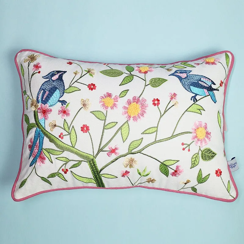 Bluebird Garden Embroidered Cotton Cushion Cover media 3