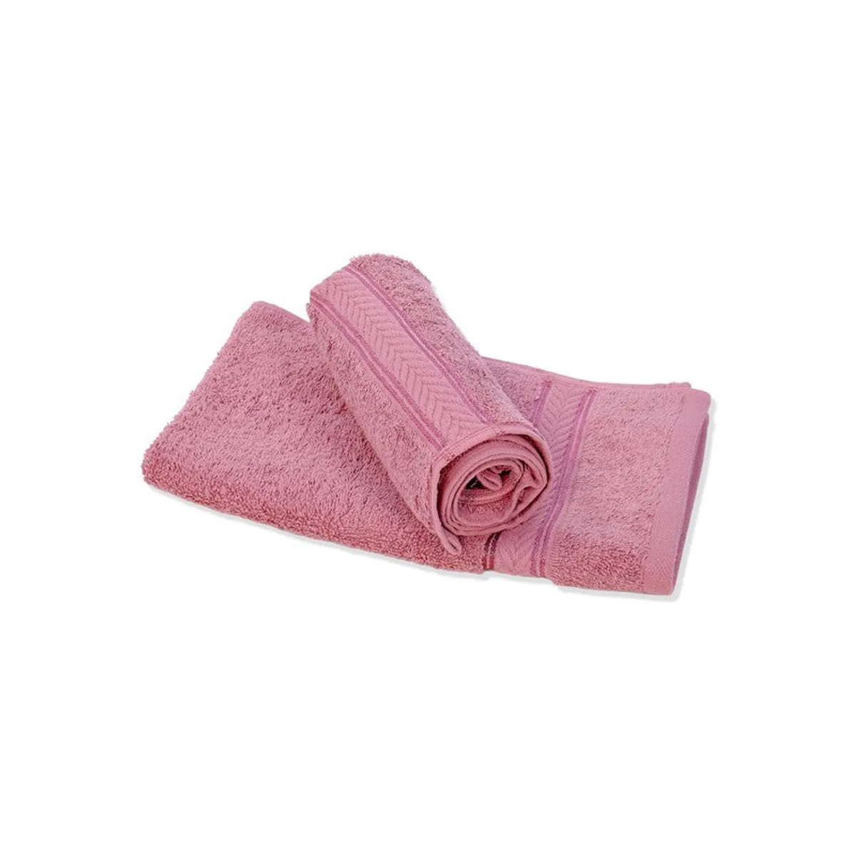 Rolled and folded pink hand towels on a white background