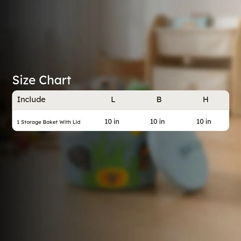 Blue storage basket with lid shown in a size chart layout