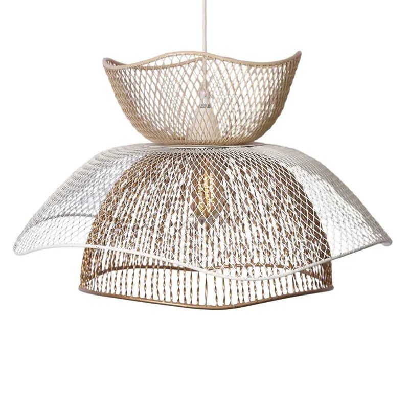 Front view of a gold and white layered metal ceiling lamp with open mesh design