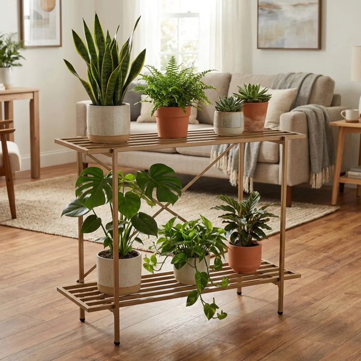 Brown plant stand with indoor plants in a contemporary living room
