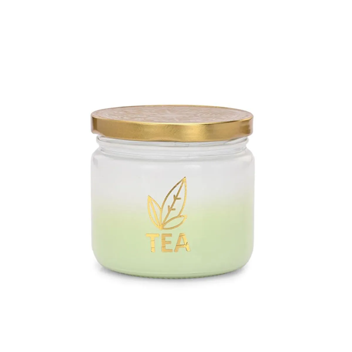 Frosted glass tea jar with gold leaf motif and golden lid