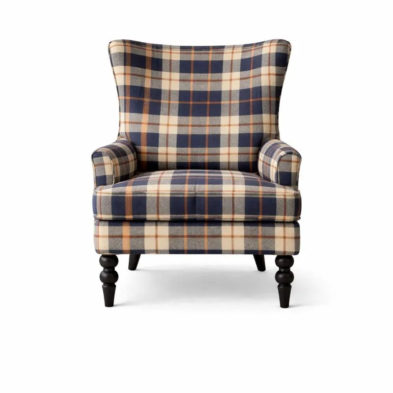 Navy Check Teak Wood & Velvet Upholstered Lounge Chair media 3