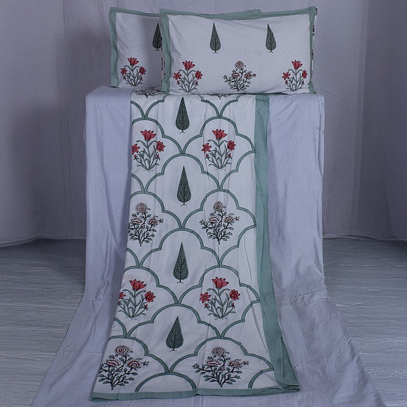 RiwaayatWhite Handblock Printed Cotton Bedsheet (Olive) - 400 TC media 6