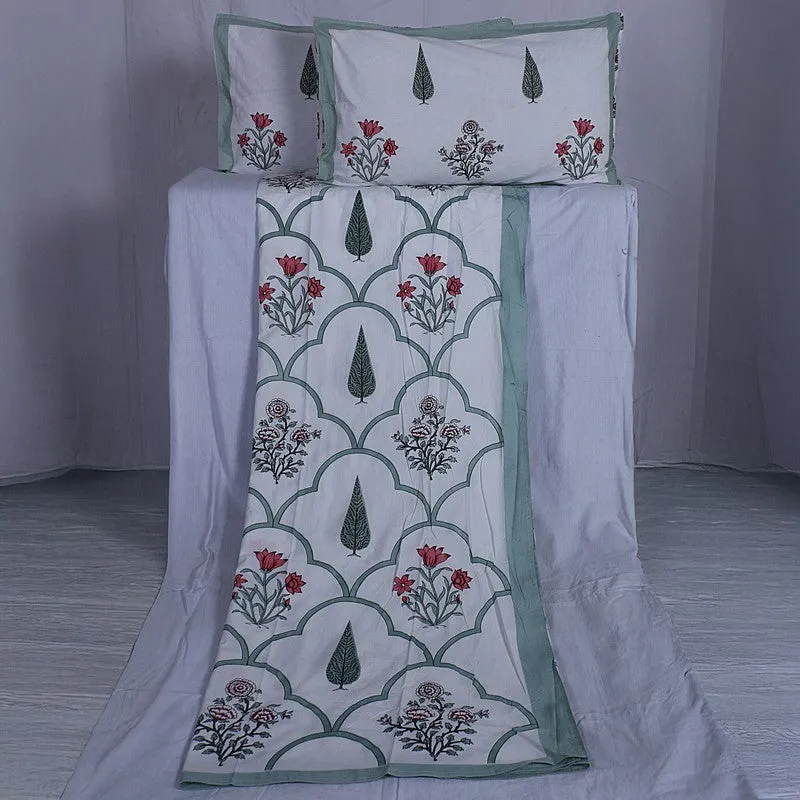 RiwaayatWhite Handblock Printed Cotton Bedsheet (Olive) - 400 TC media 6