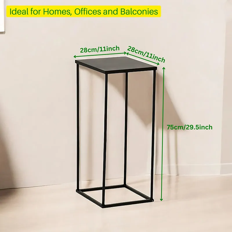 Black planter stand shown with width and height dimensions in a room.