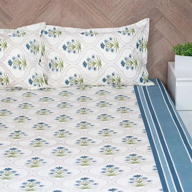 Imara Flora Cotton Bedsheet (Blue) - 144 TC media 3