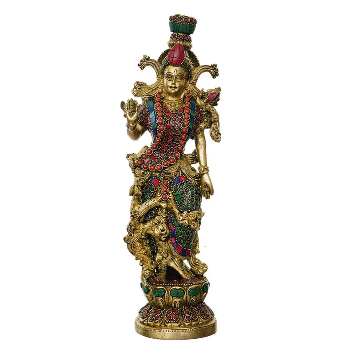 Front view of an ornate brass deity idol with red, blue and green accents