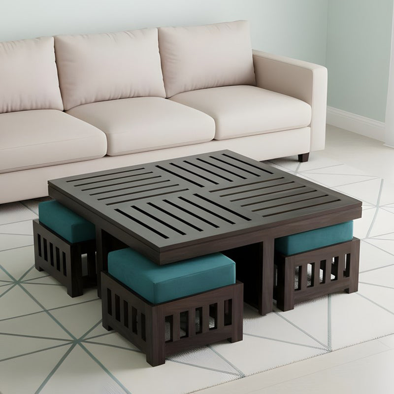 Hexiron Sheesham Wooden Center Table with Stools and Cushions (Brown,Blue) - Nine Piece Set