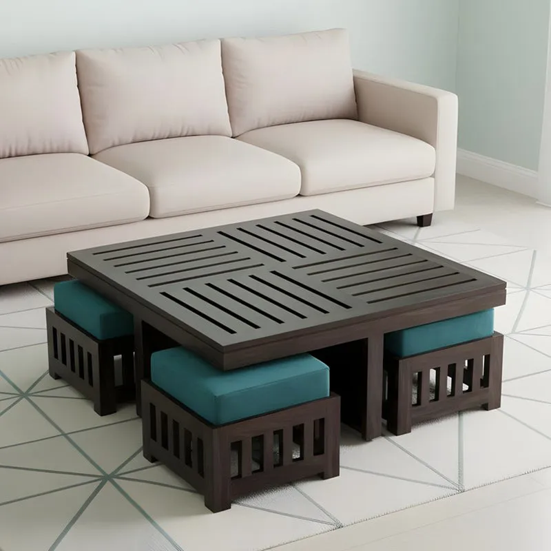 Hexiron Sheesham Wooden Center Table with Stools and Cushions (Brown,Blue) - Nine Piece Set media 1