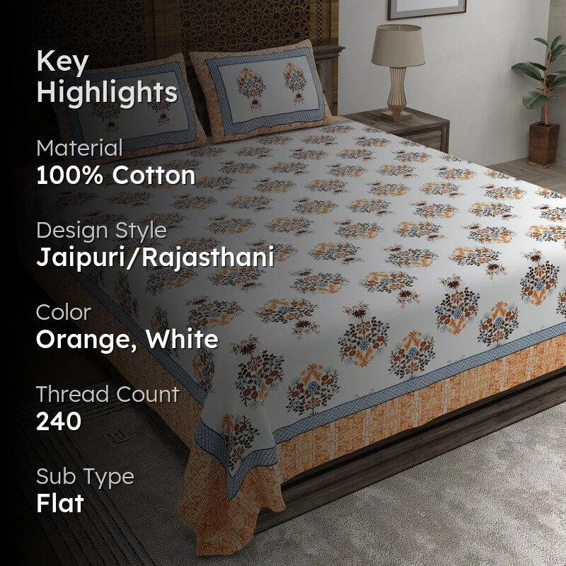 Royaly Cotton Bedsheet (Orange,White) - 240 TC media 2