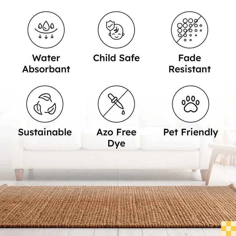 Feature graphic showing water absorbent, child safe, fade resistant and pet friendly icons