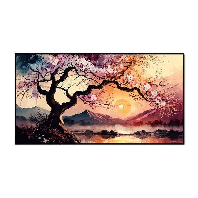 Cherry Blossom Sunset Landscape Canvas Wall Painting With Frame - Black media 4