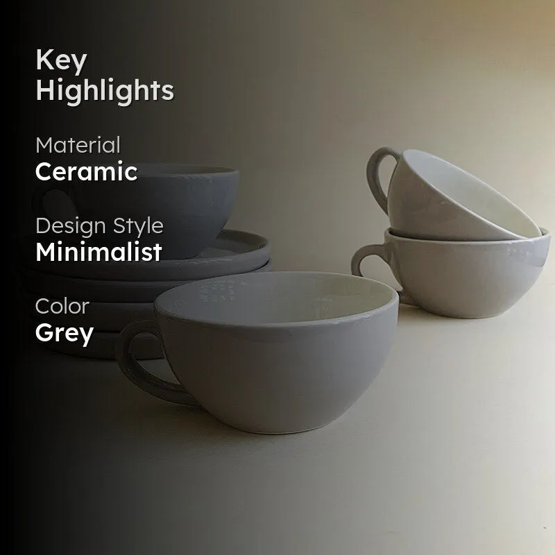 Elegant Grey Ceramic Cup & Saucer (240 mL) - Eight Piece Set media 2