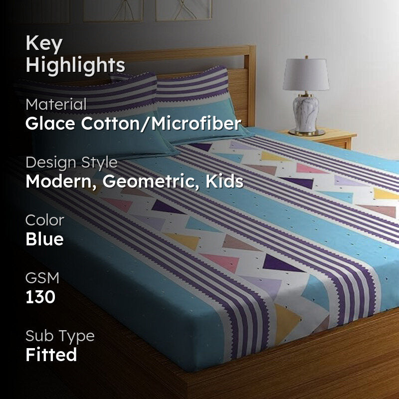 Faye Geometric Microfiber Bedsheet (Sky Blue) - 130 GSM media 2