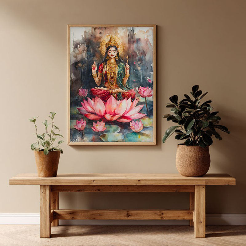 Shri Padmavati Spiritual Archival Paper Wall Painting - Natural Brown Frame