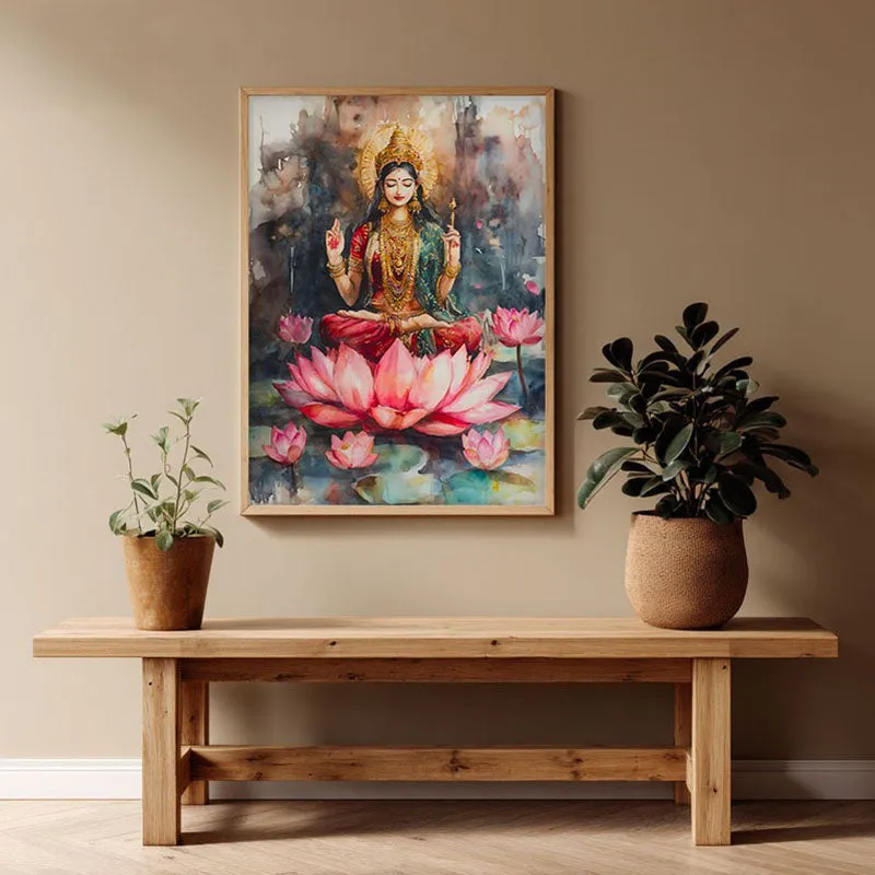 Shri Padmavati Spiritual Archival Paper Wall Painting - Natural Brown Frame media 1